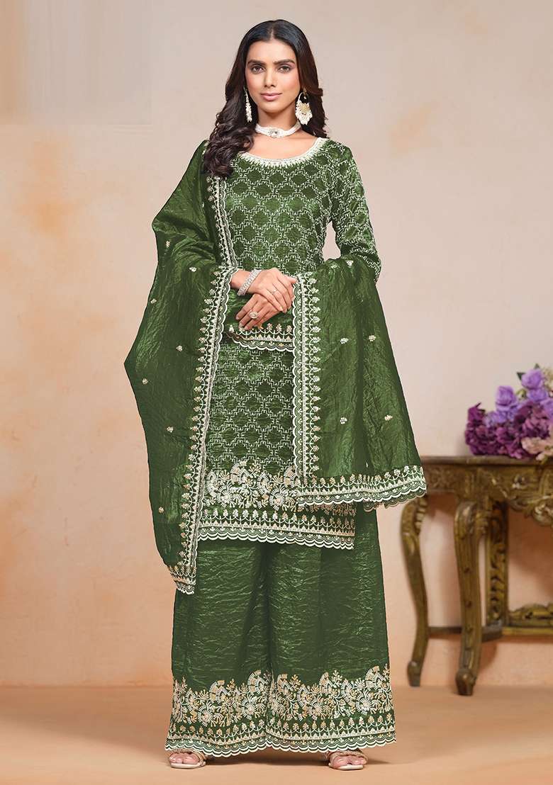 Olive Green Embroidered Silk Blend Sharara Set - Indya