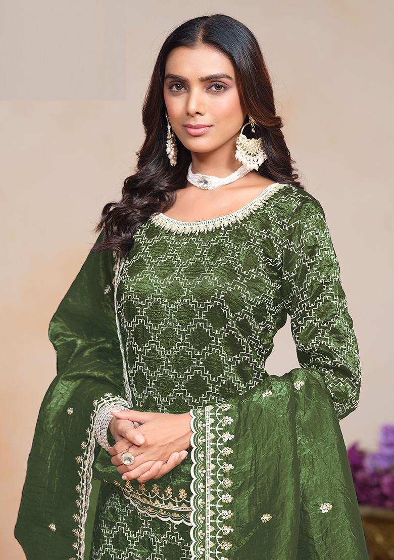 Olive Green Embroidered Silk Palazzo Set With Dupatta