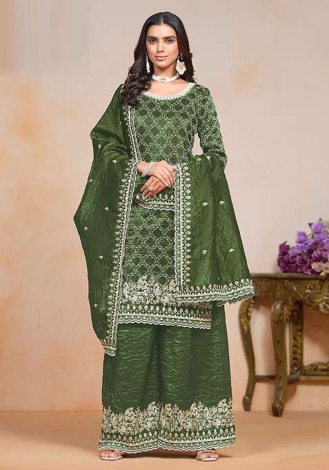 Olive Green Embroidered Silk Blend Sharara Set