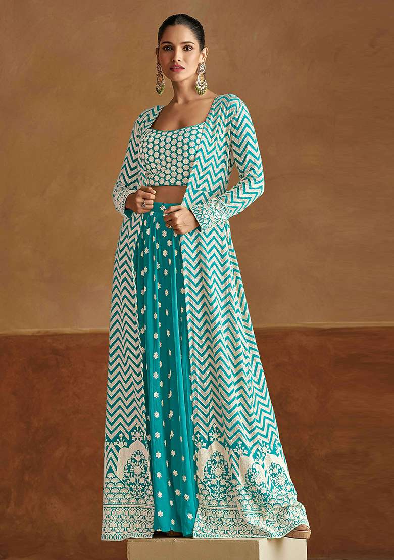 Blue Embroidered Georgette Palazzo Set With Dupatta - Indya