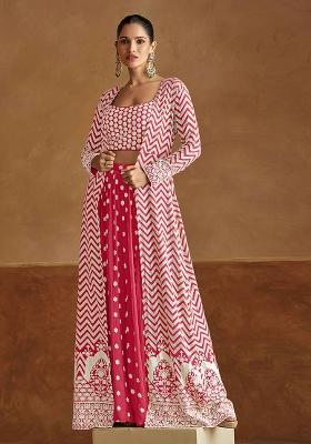 Pink Embroidered Georgette Palazzo Set With Dupatta