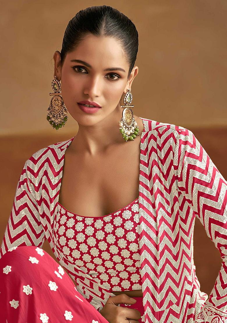 Pink Embroidered Georgette Palazzo Set With Dupatta