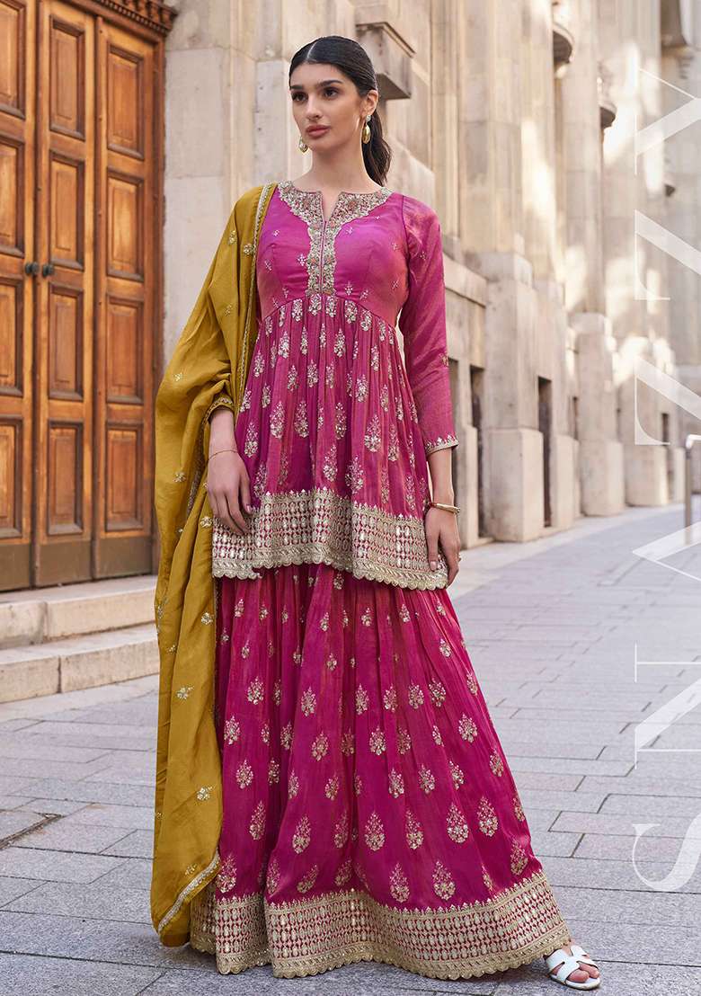 Pink Embroidered Shimmer Anarkali With Dupatta - Indya