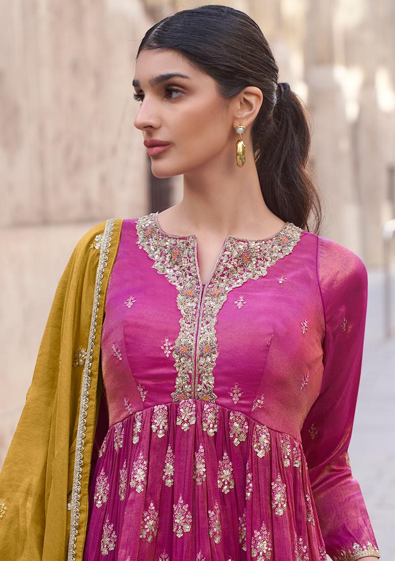 Pink Embroidered Shimmer Anarkali Set With Dupatta