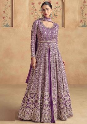 Lavender Embroidered Georgette Anarkali Set With Dupatta