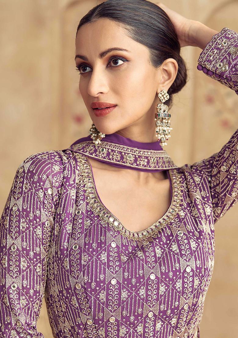 Lavender Embroidered Georgette Anarkali Set With Dupatta