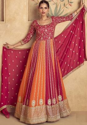 Pink and Orange Embroidered Georgette Anarkali Set With Dupatta