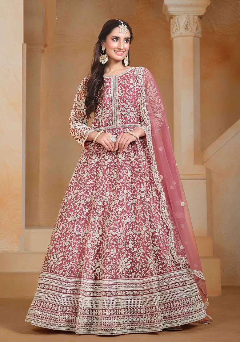 Pink Embroidered Net Anarkali Set - Indya