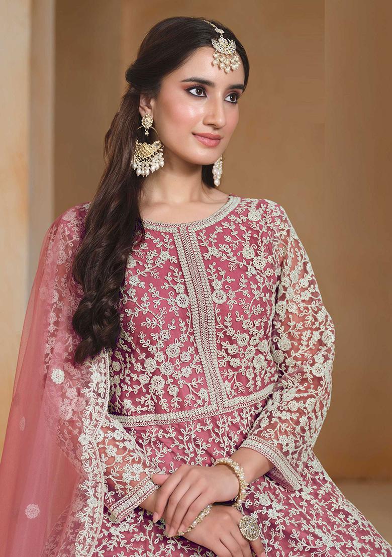 Pink Embroidered Net Anarkali Set With Dupatta