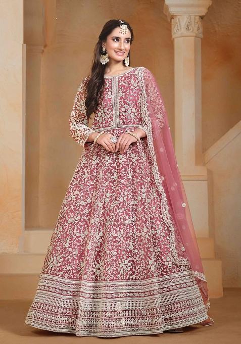 Pink Embroidered Net Anarkali Set With Dupatta