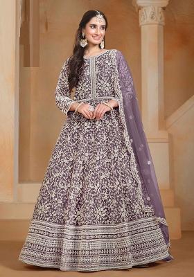 Purple Embroidered Net Anarkali Set With Dupatta