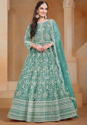Turquoise Blue Embroidered Net Anarkali Set With Dupatta