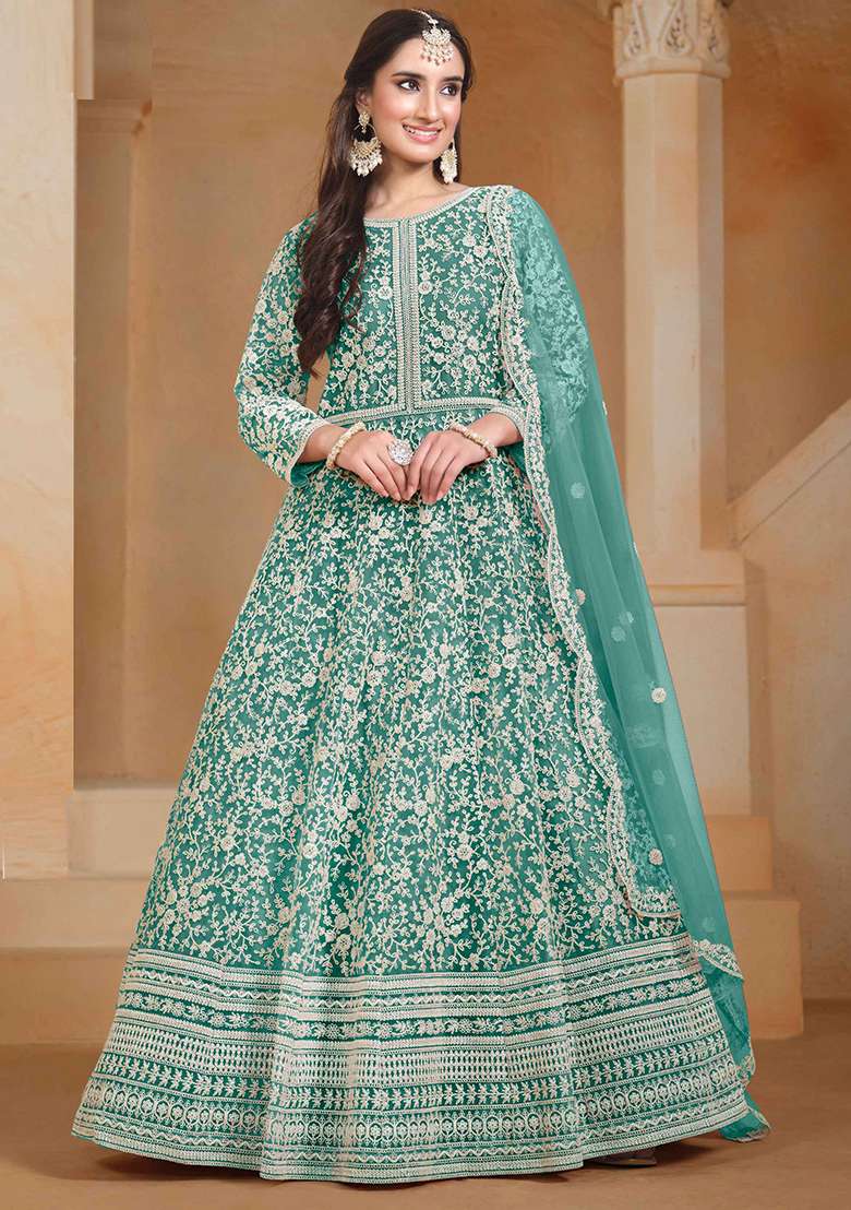 Turquoise Blue Embroidered Net Anarkali Set - Indya
