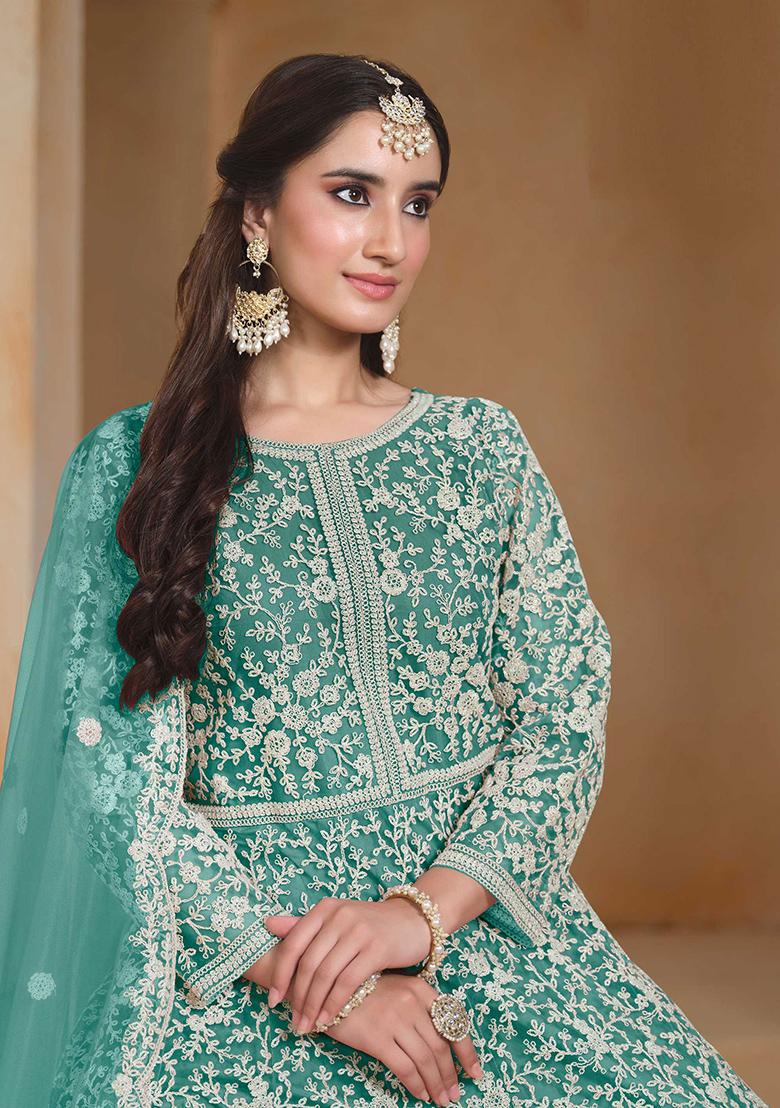 Turquoise Blue Embroidered Net Anarkali Set With Dupatta