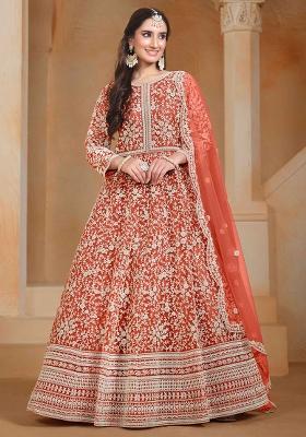 Coral Embroidered Net Anarkali Set With Dupatta