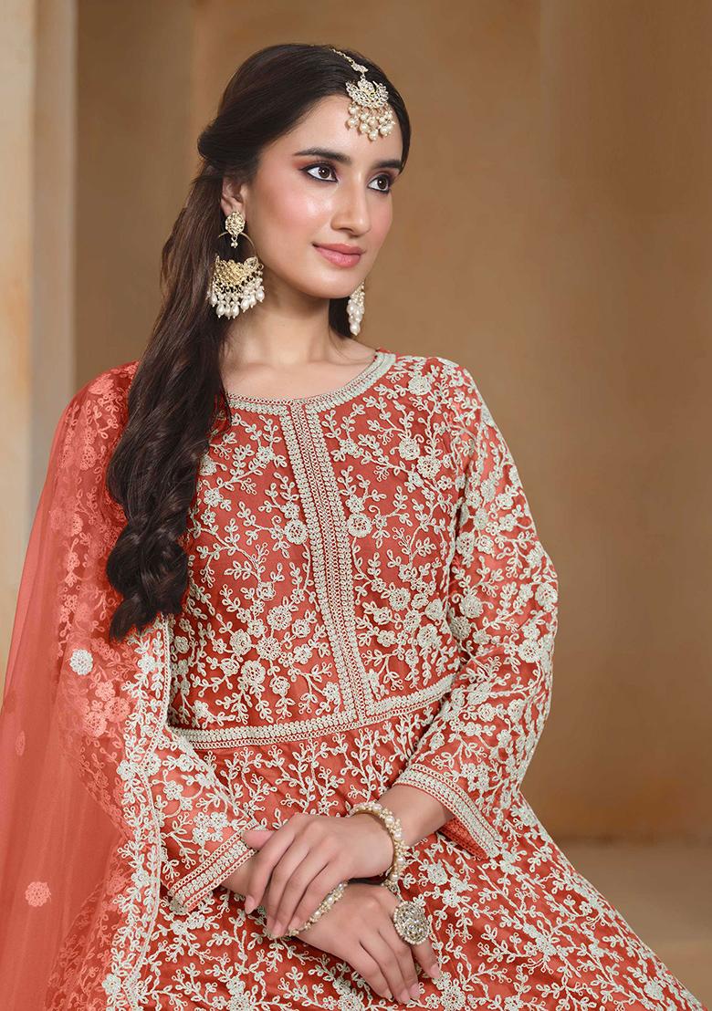 Coral Embroidered Net Anarkali Set With Dupatta