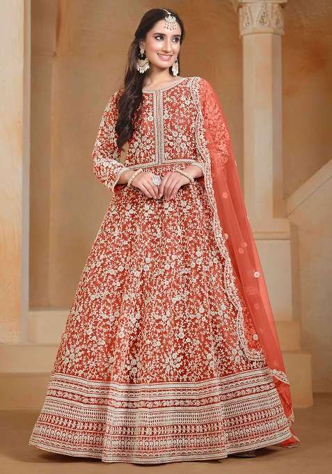 Coral Embroidered Net Anarkali Set