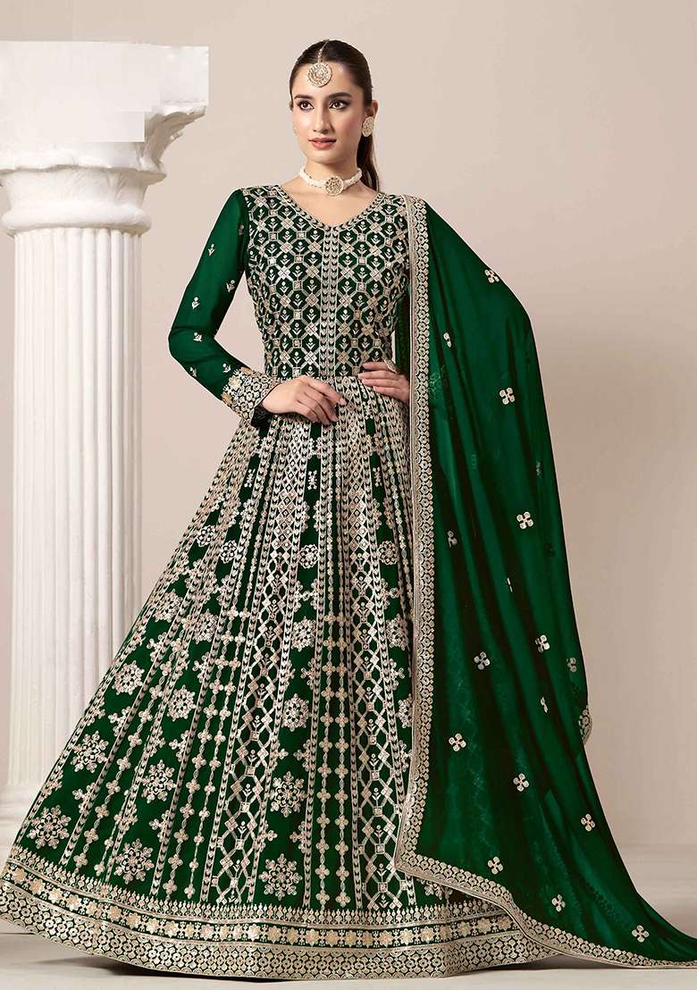 Green Embroidered Georgette Anarkali Set - Indya