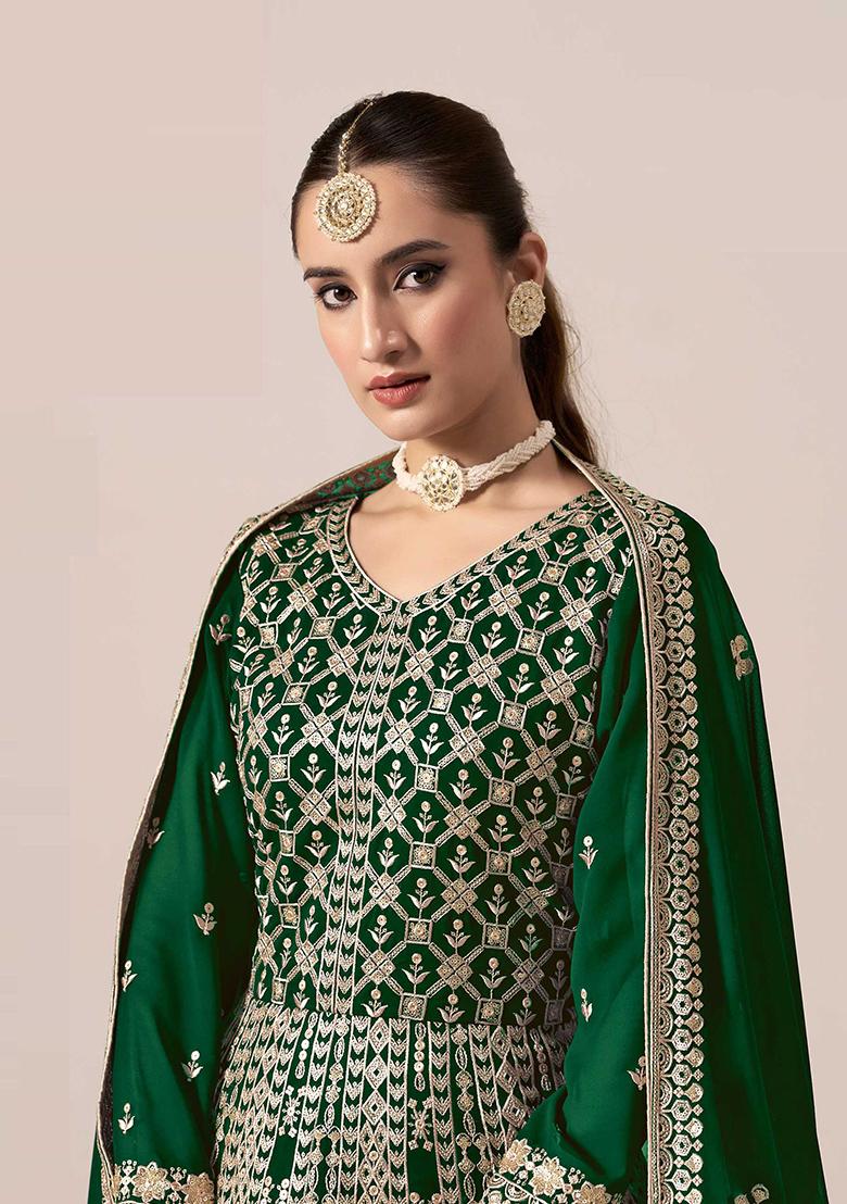Green Embroidered Georgette Anarkali Set With Dupatta