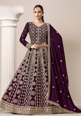 Purple Embroidered Georgette Anarkali Set With Dupatta