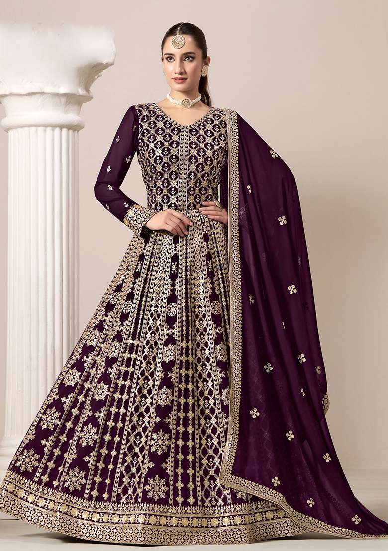Purple Embroidered Georgette Anarkali With Dupatta With Dupatta - Indya