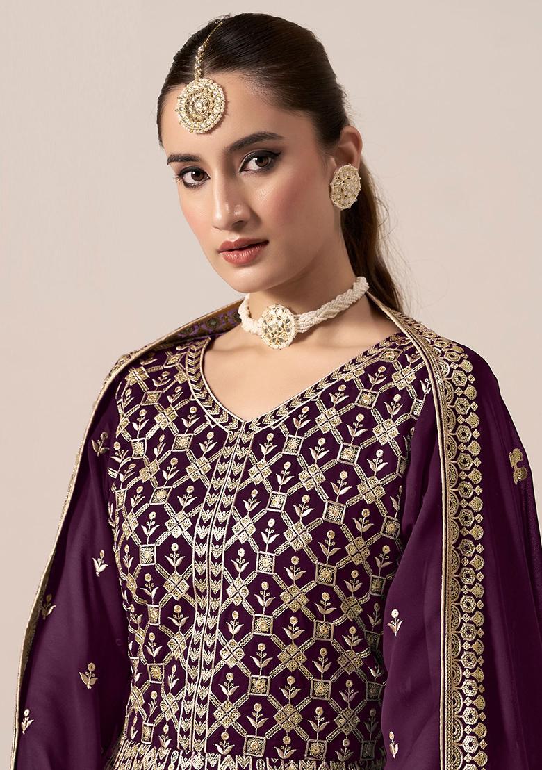 Purple Embroidered Georgette Anarkali Set With Dupatta