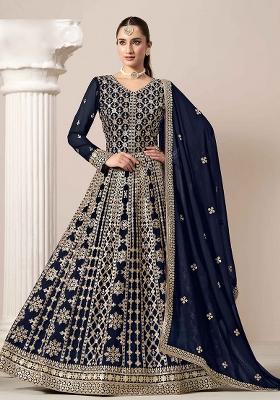 Blue Embroidered Georgette Anarkali Set With Dupatta
