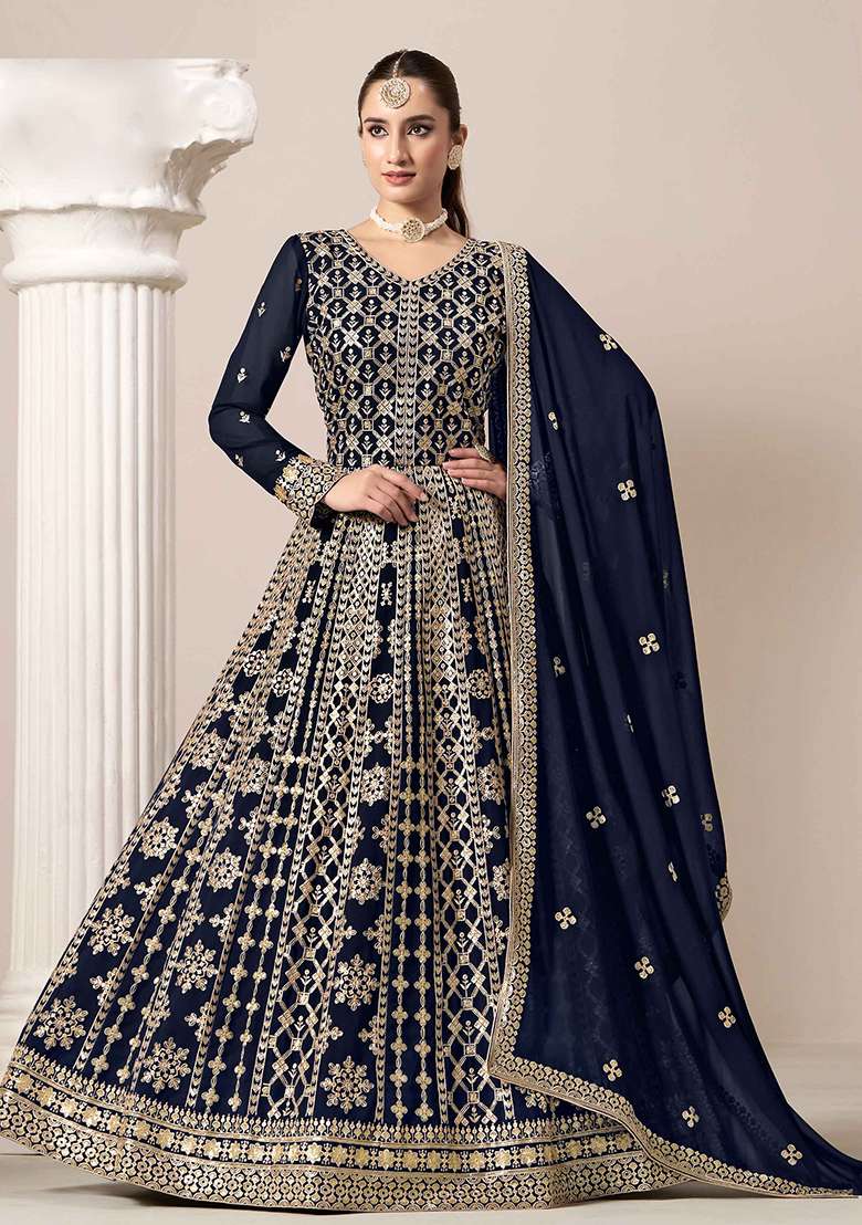 Blue Embroidered Georgette Anarkali Set - Indya