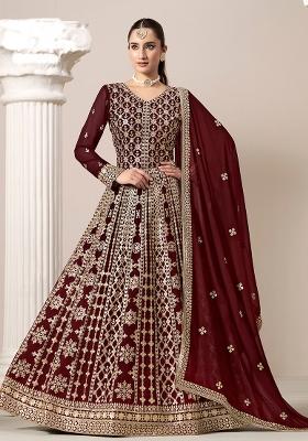 Maroon Embroidered Georgette Anarkali Set With Dupatta