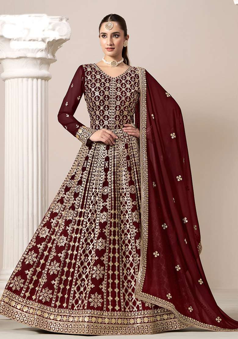 Maroon Embroidered Georgette Anarkali Set - Indya