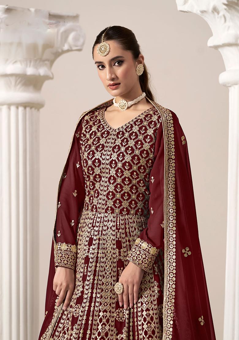Maroon Embroidered Georgette Anarkali Set With Dupatta