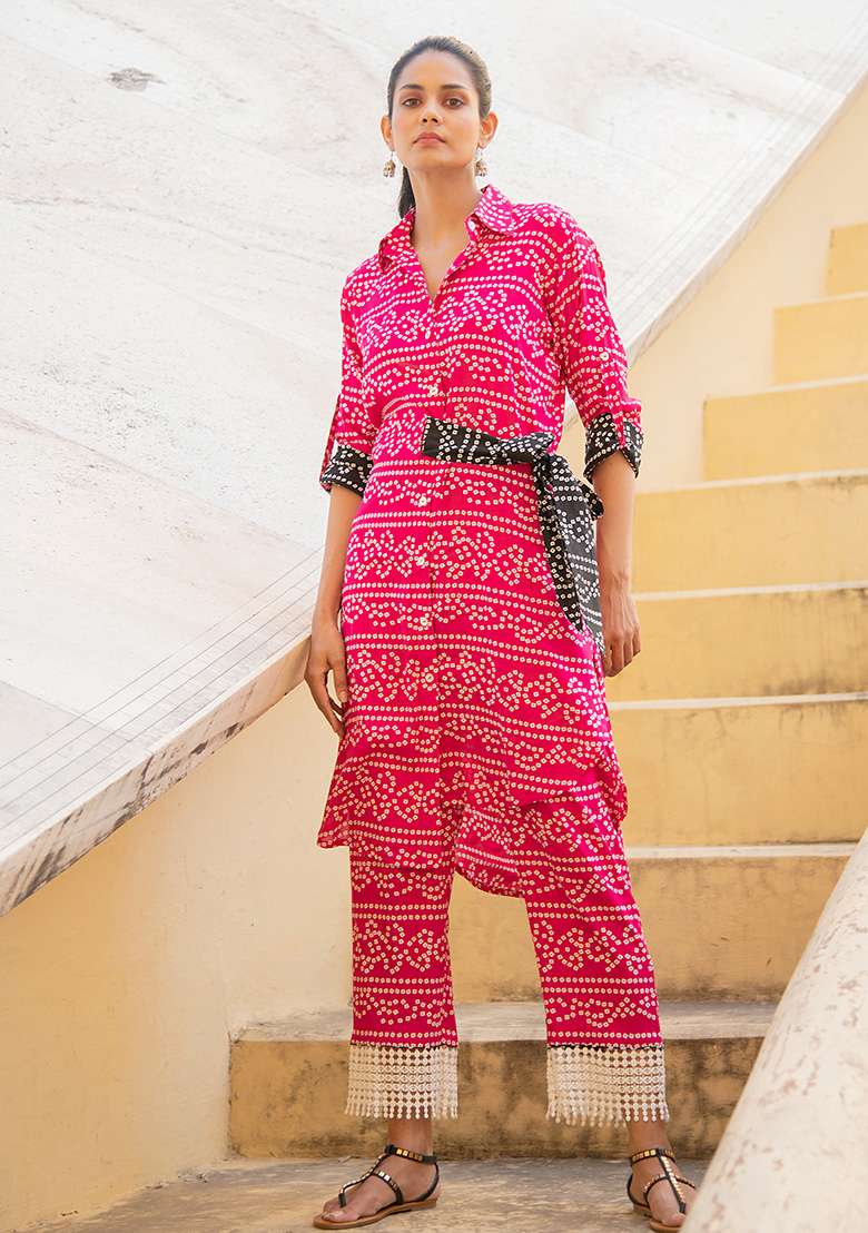 Fuchsia Pink And Black Embroidered Cotton Co Ord Set - Indya
