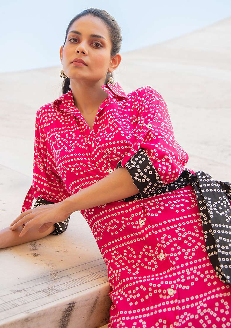 Fuchsia Pink And Black Embroidered Cotton Co Ord Set - Indya