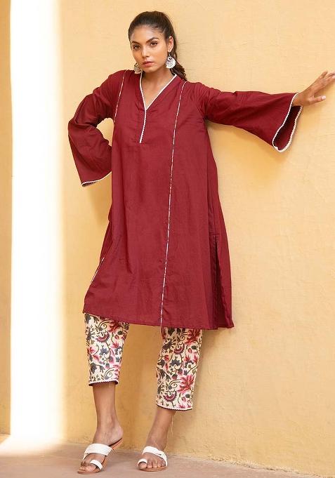 Maroon Embroidered Cotton Salwar Kameez