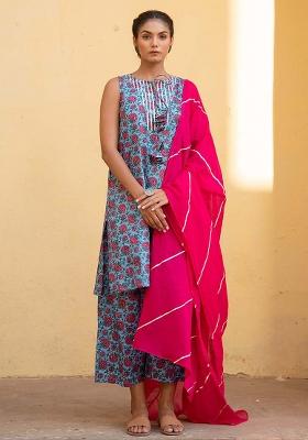 Bella Blue Andpink Embroidered Cotton Salwar Kameez With Dupatta