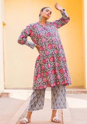 Pink And Purple Embroidered Cotton Salwar Kameez