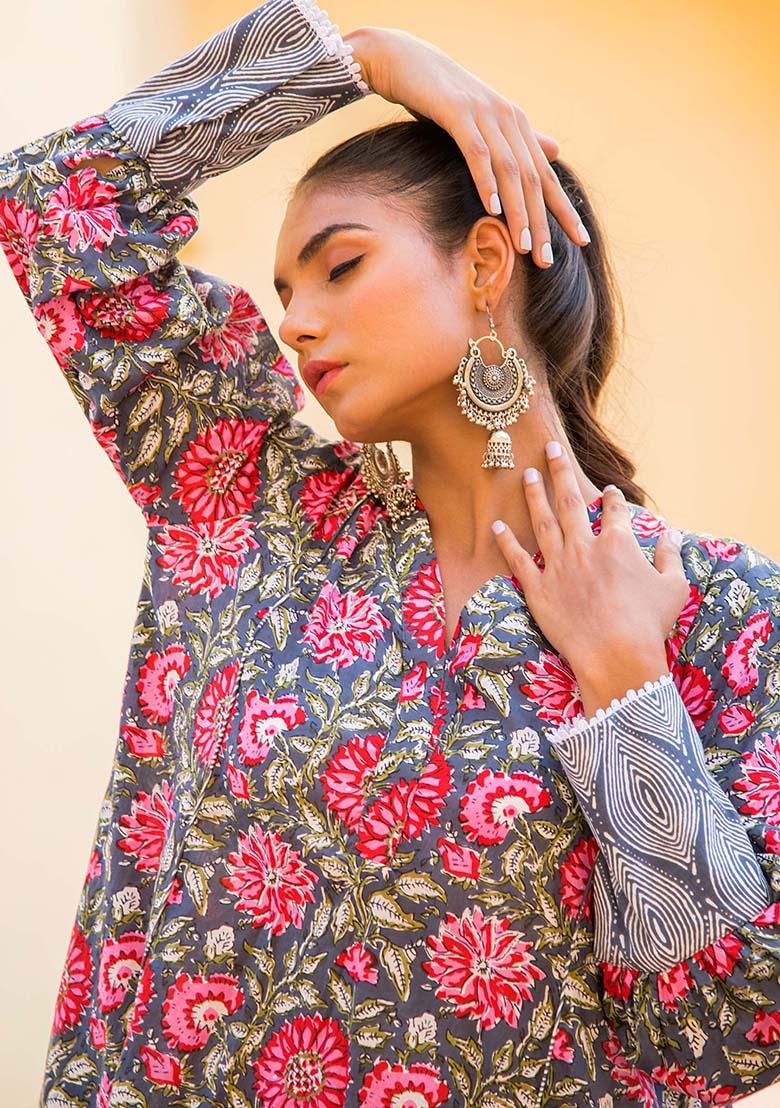 Pink And Purple Embroidered Cotton Salwar Kameez