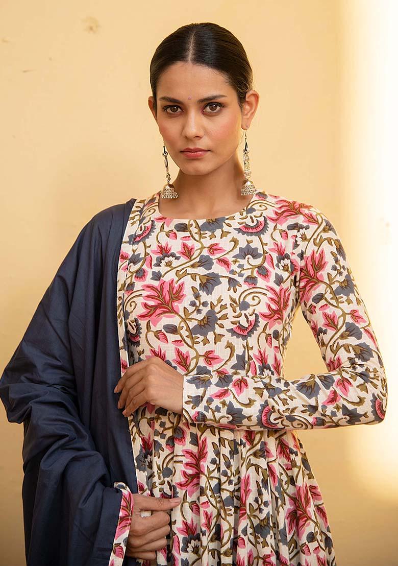 Multi Embroidered Cotton Anarkali Kurta Set With Dupatta - Indya