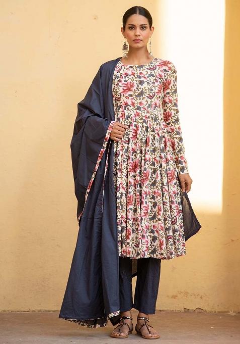 Multi Embroidered Cotton Anarkali Kurta Set With Dupatta