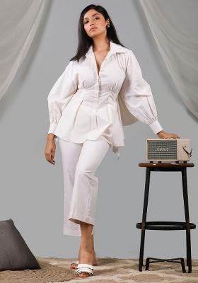 Beige Embroidered Cotton Co Ord Set