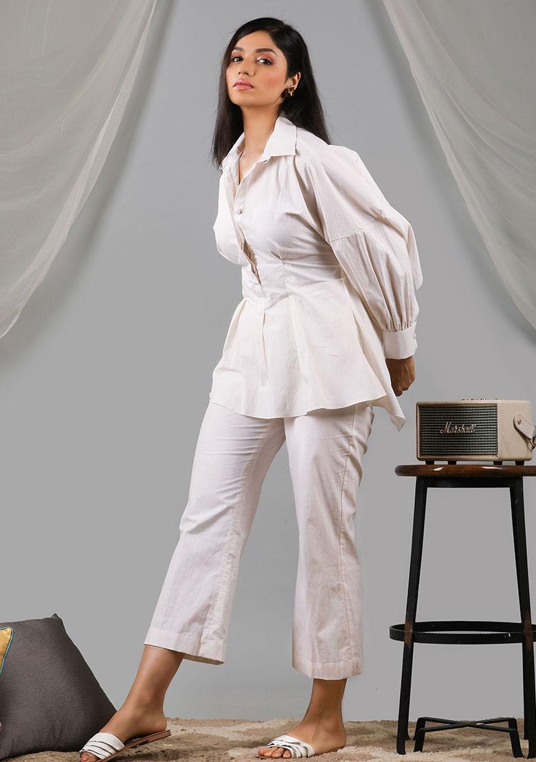 Beige Embroidered Cotton Co Ord Set - Indya