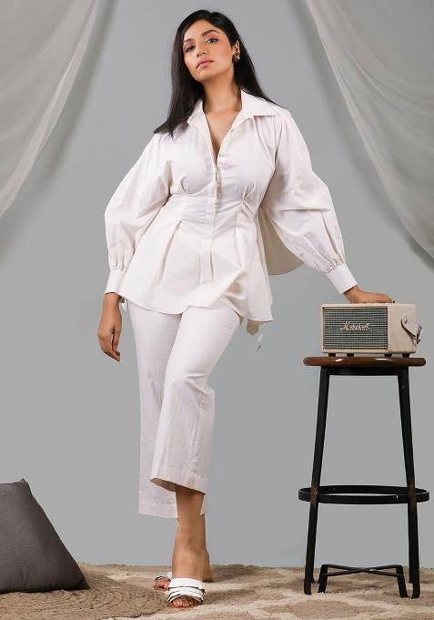 Beige Embroidered Cotton Co Ord Set