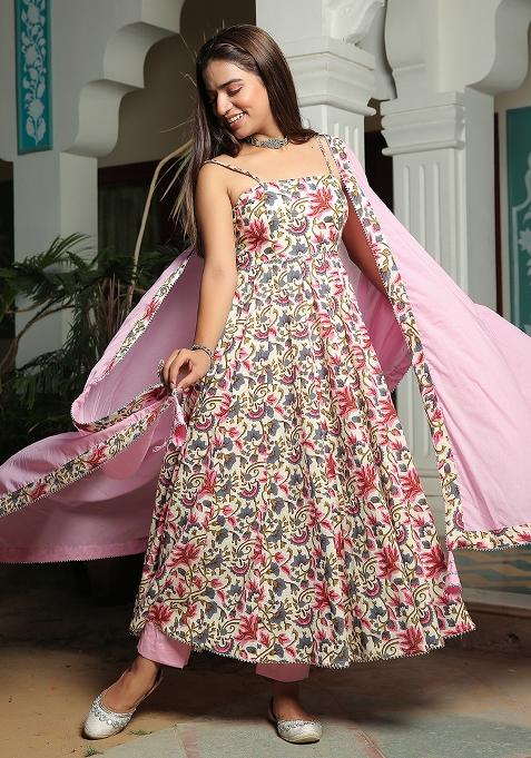 Ivory And Pink Marshmallow Embroidered Cotton Anarkali Kurta Set With Dupatta