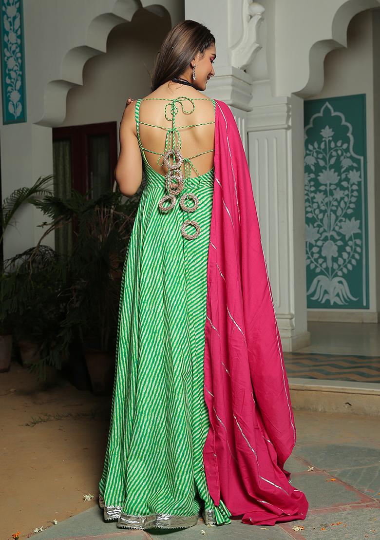 Green And Pink Embroidered Cotton Anarkali Kurta Set