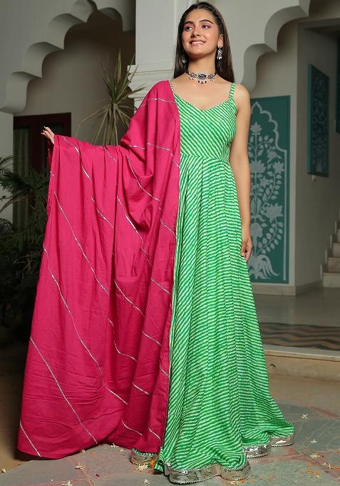 Green And Pink Embroidered Cotton Anarkali Kurta Set