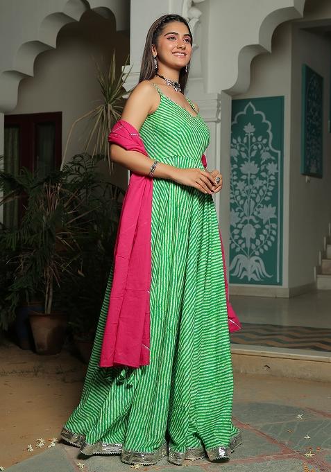 Green And Pink Embroidered Cotton Anarkali Kurta Set