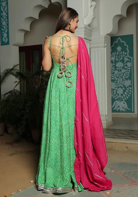 Green And Pink Embroidered Cotton Anarkali Kurta Set