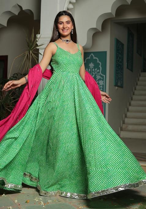 Green And Pink Embroidered Cotton Anarkali Kurta Set