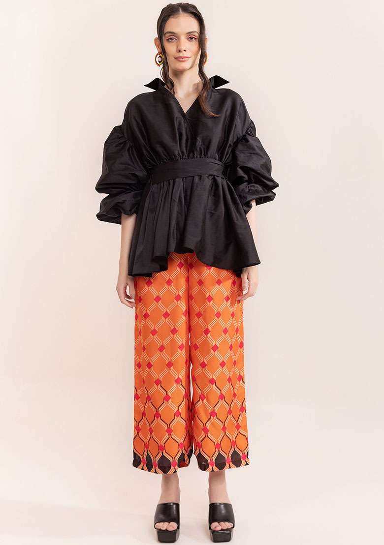 Black And Orange Embroidered Taffeta Co Ord Set - Indya
