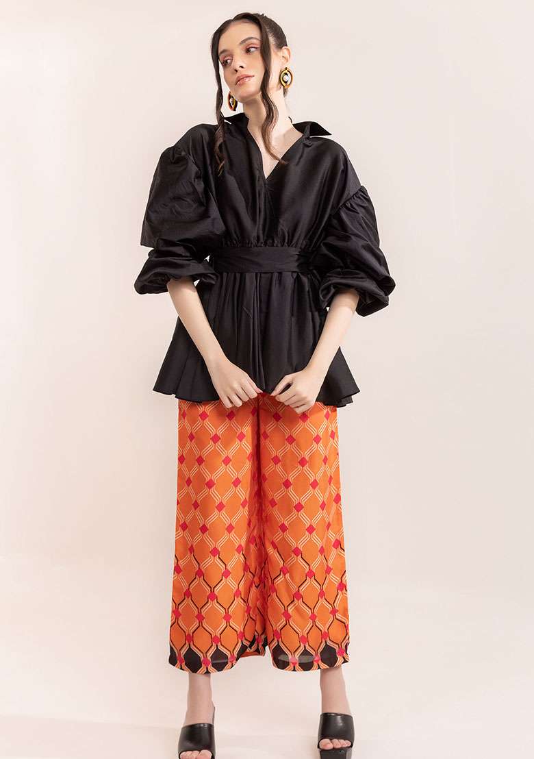 Black And Orange Embroidered Taffeta Co Ord Set - Indya